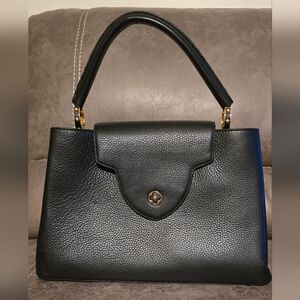 Louis Vuitton Black Leather Handbag with Gold Accents